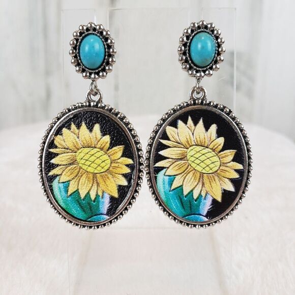 Turquoise Sunflower Earrings - Picture 1 of 2